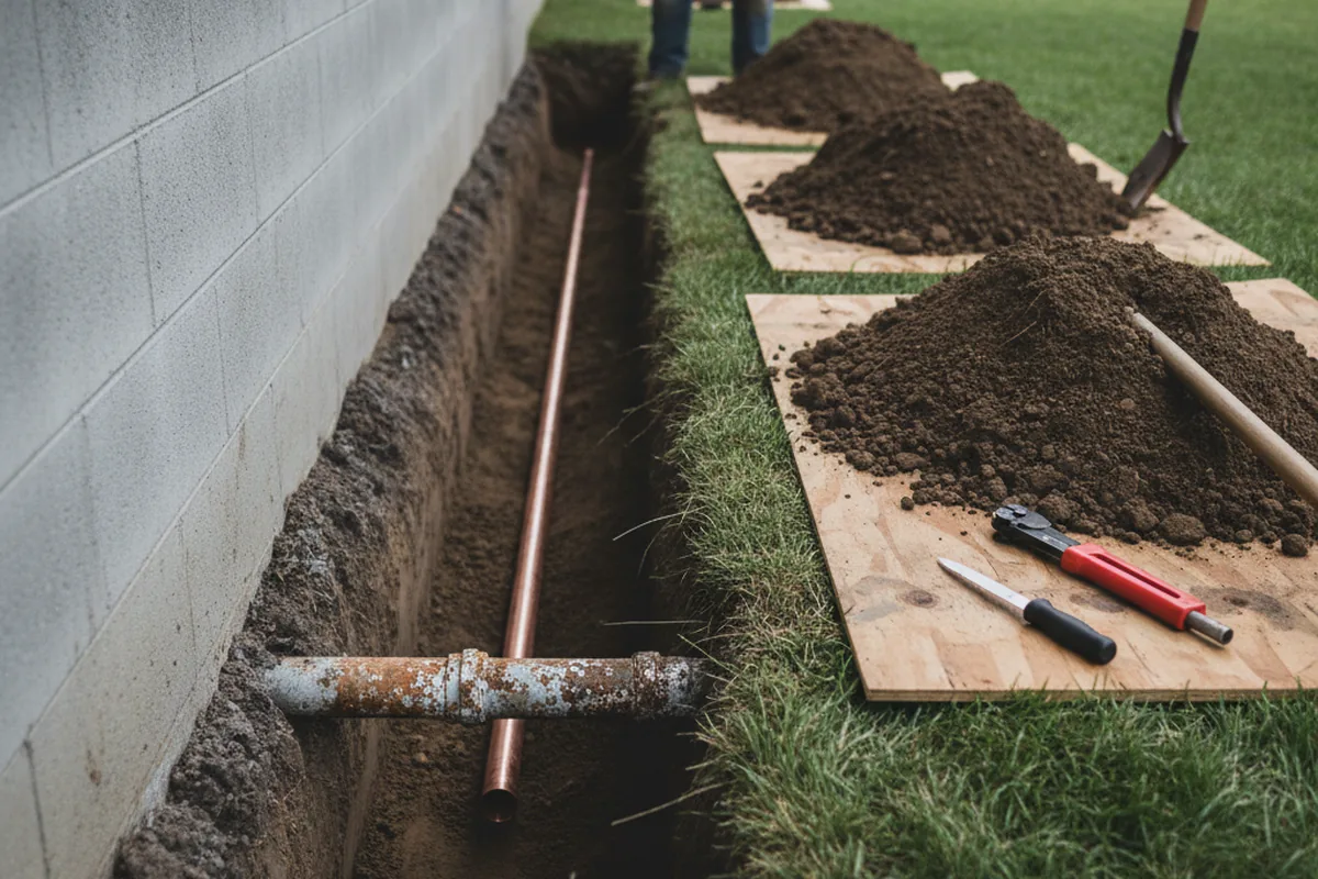 Excavated water line trench during Sewer Line Repair in Midvale